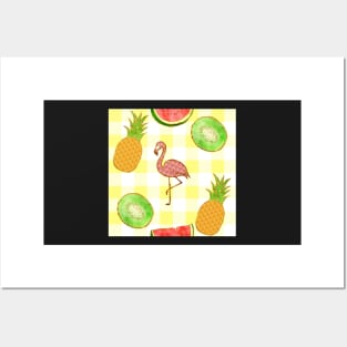 flamingo,  yellow, square, pineapple, banana, yellow, orange, juicy, fruit, glitter, gold, summer, pattern, funny, sunny Posters and Art